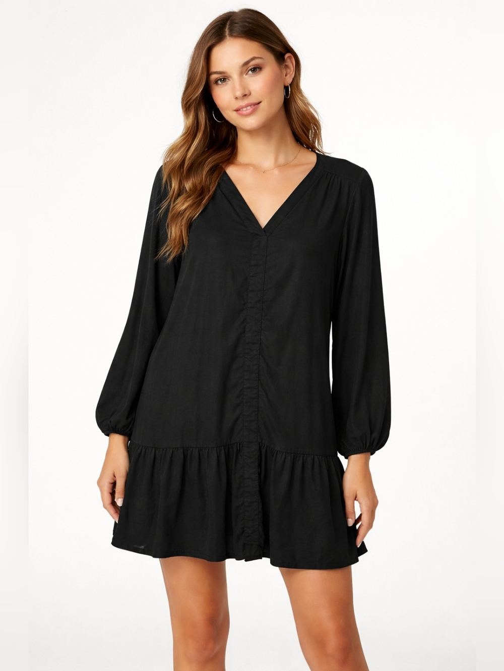 Buffalo David Bitton Women's Black Tiered Ruffle Hem V-Neck Dress Pockets Size L